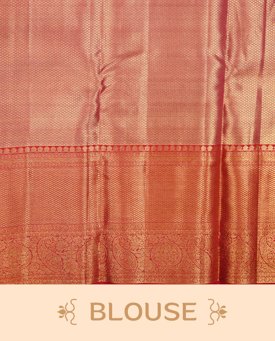 Gold & Rani pink double shade colour kancheepuram tissue silk saree featuring gold zari floral kodi pattern on body, complemented by contrast Rani pink colour with traditional border, paired with matching blouse piece.