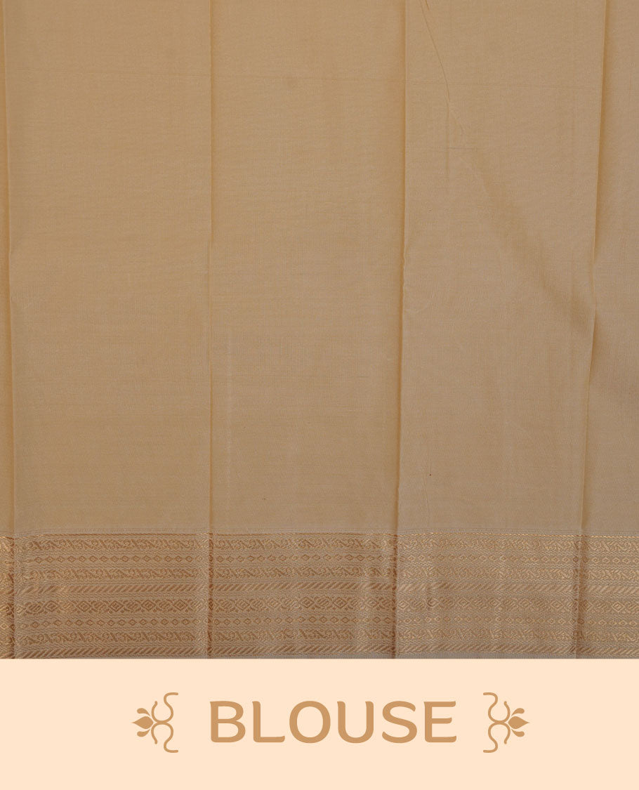 Nude brown colour semi silk saree highlighting gold zari strip pattern and motifs across body, featuring contrast cream colour border with gold zari pattern, comes with matching blouse .
