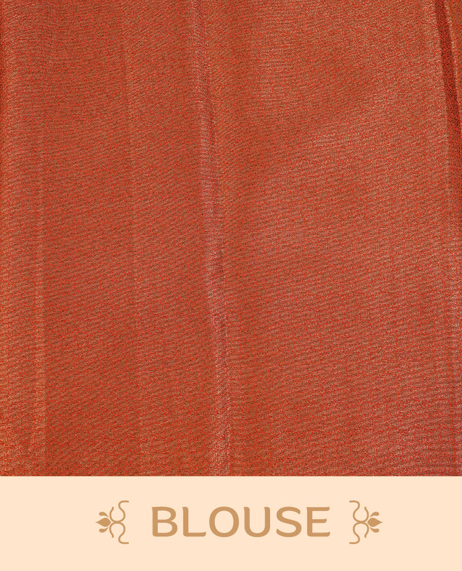 Brick red colour semi banaras tussar silk saree highlighting gold zari bird motifs on body, complemented by self colour with antique zari border, paired with matching blouse piece.