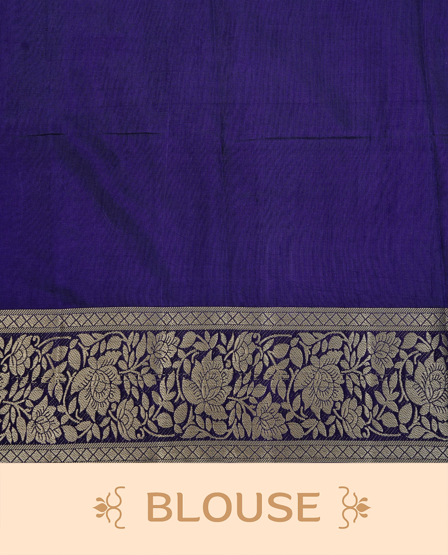Indigo colour semi Tussar silk saree featuring an elegant plain body, complemented by a self colour border adorned with traditional gold zari floral kodi patterns. Comes paired with a matching blouse piece.