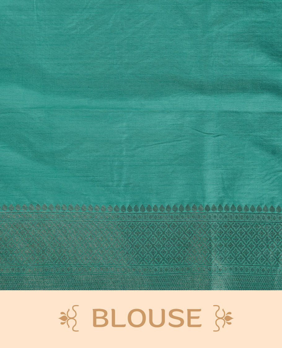 Aqua colour Semi Banaras Katan saree featuring Antique zari motifs on across body, complemented by self colour zari border, paired with matching blouse piece.
