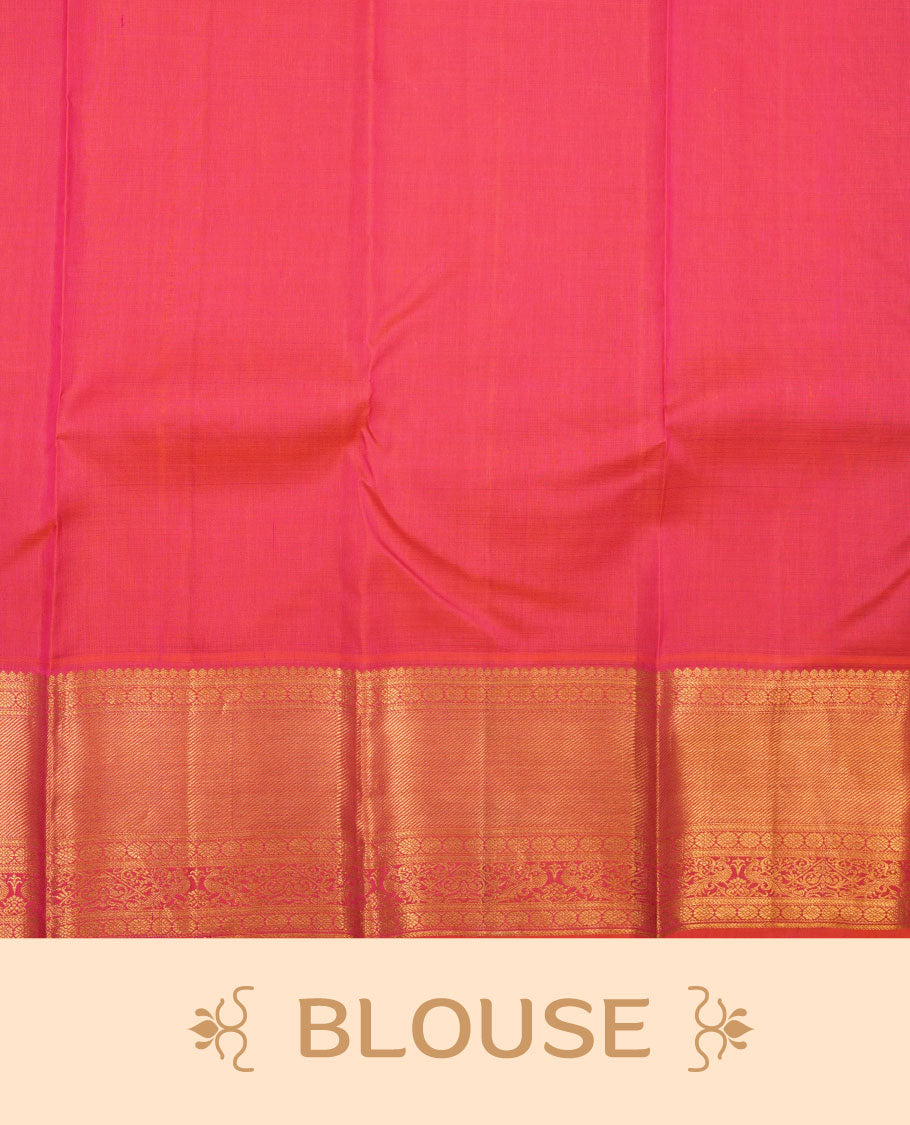 Bottle green colour pure traditional Kancheepuram silk saree adorned with gold zari motifs across the body, featuring elegant contrast orange traditional borders, beautifully paired with a matching blouse piece.