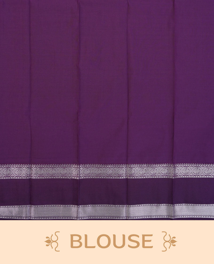 Lavender colour semi silk saree highlighting silver zari box pattern and motifs across body, featuring contrast silver colour border with gold zari pattern, comes with matching blouse .