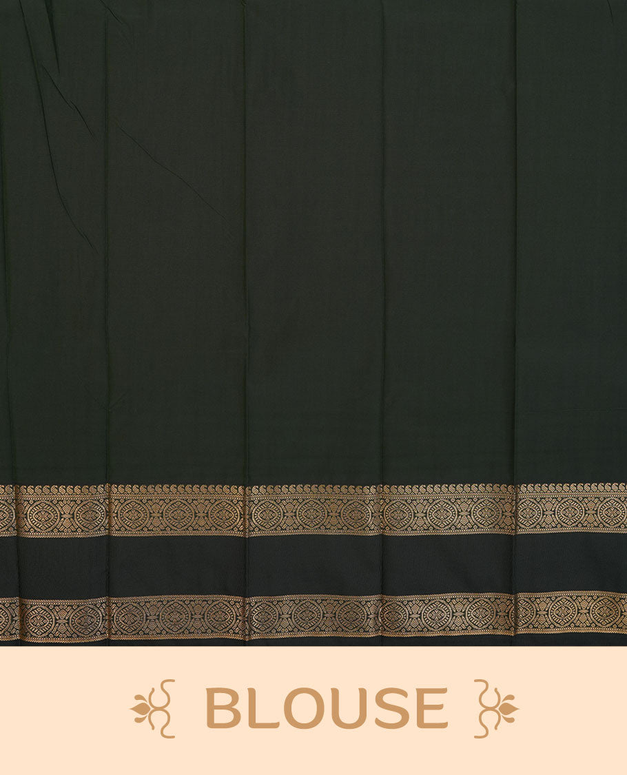 Red colour semi silk saree highlighting gold zari check motifs across body, featuring contrast Dark green colour border with gold zari pattern, comes with matching blouse .