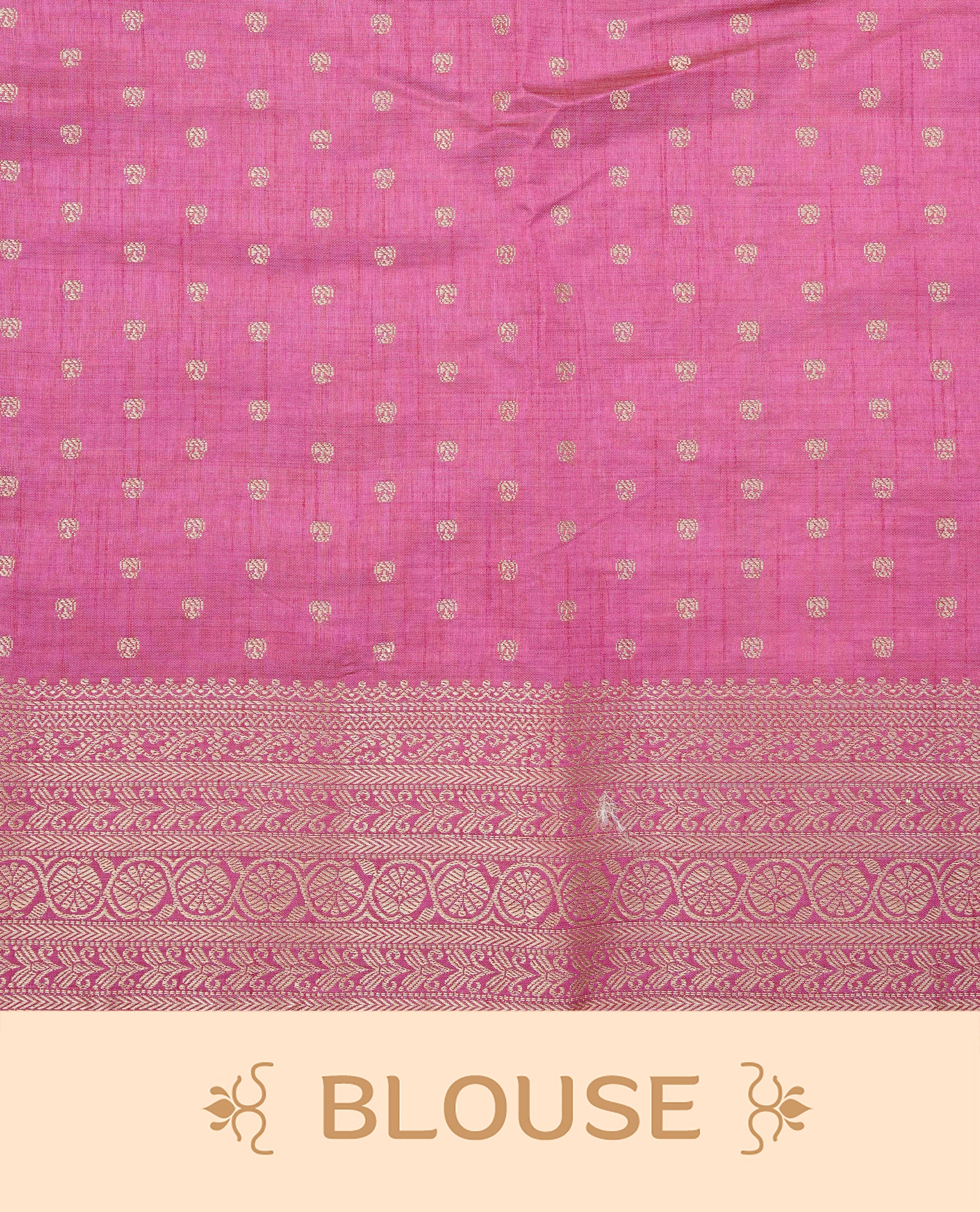 Light Gold Tussar saree featuring Gold zari buttas on body, complemented by contrast Magenta Colour with Gold zari border, comes with matching blouse piece.