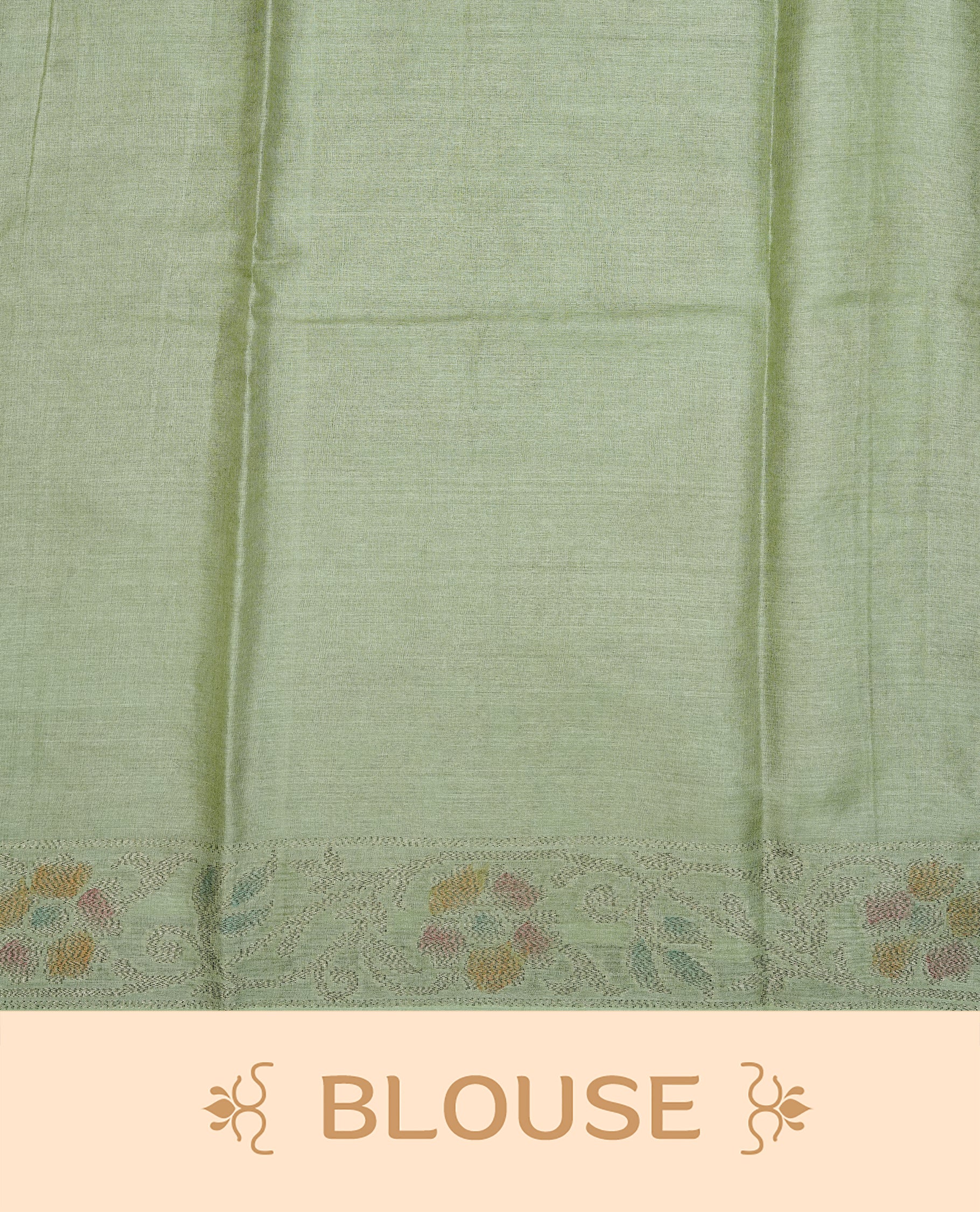 Pastel green colour pure tussar silk saree featuring elegant antique zari kodi patterns across the body, designed with a graceful borderless finish for a refined look. Paired with a matching blouse piece.