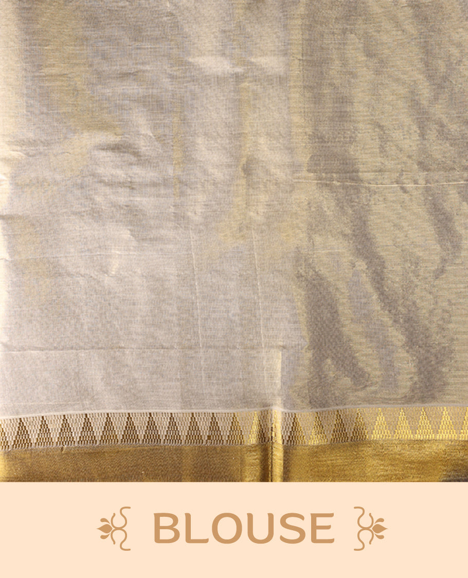 Elegant Kerala Kasavu saree in ivory with golden zari work. Perfect for festivals, weddings, and traditional events, Pair with a contrast blouse and gold jewelry for a timeless, graceful look.