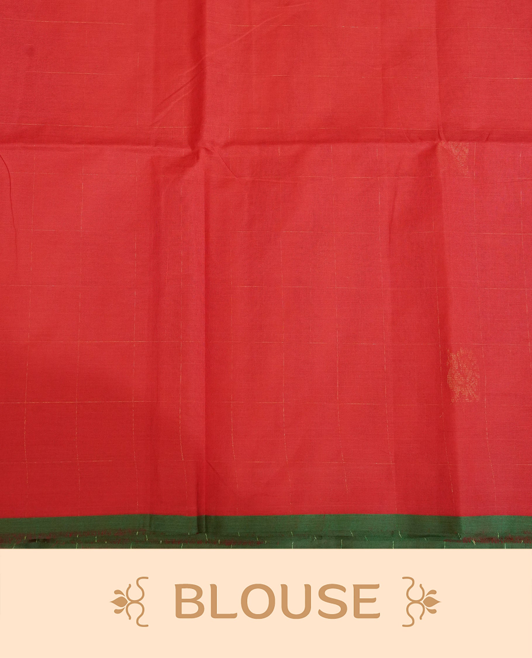 Red Colour Chettinad Cotton Saree Featuring Gold Zari Checks with Peacock Motifs on the Body, Complemented by a Minimal Green Border and a Grand Gold Zari Pallu, Paired with a Matching Blouse Piece.