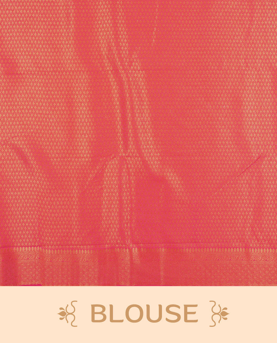 Rani Pink colour semi silk brocade saree featuring intricate Gold patterns across the body, complemented by a Self colour woven border and pallu, paired with a matching blouse.