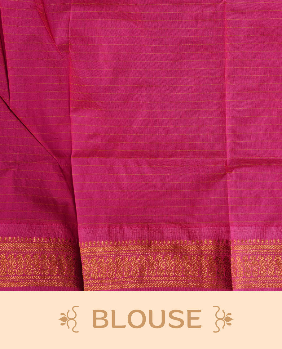 Yellow colour kalyani cotton saree featuring gold zari check pattern on body, complemented by Magenta colour with Antique zari border, paired with matching blouse piece.