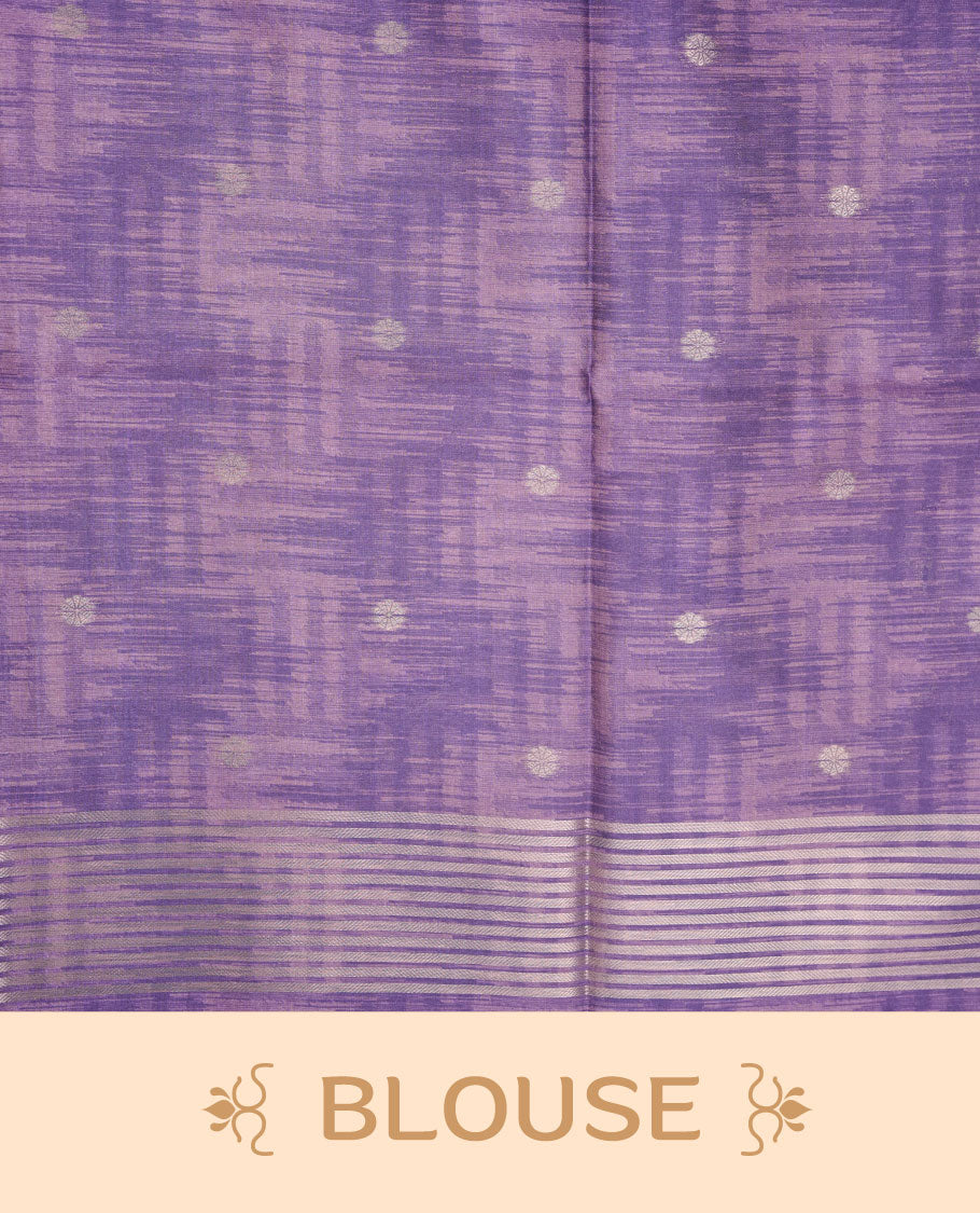 Lavender colour semi tussar silk saree, featuring an intricate white dancing women motif on the body and pallu with gold zari , comes with matching blouse.