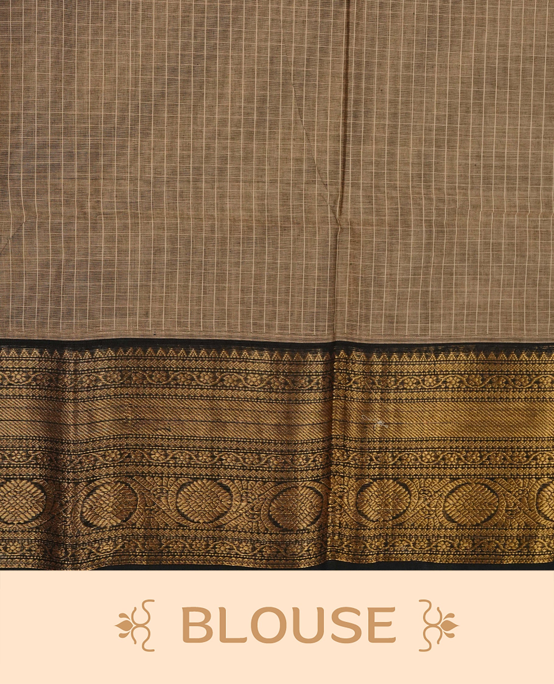 Beige colour chettinad cotton saree featuring Strip pattern on body, gold zari on Contrast Black colour border, comes with matching blouse piece.