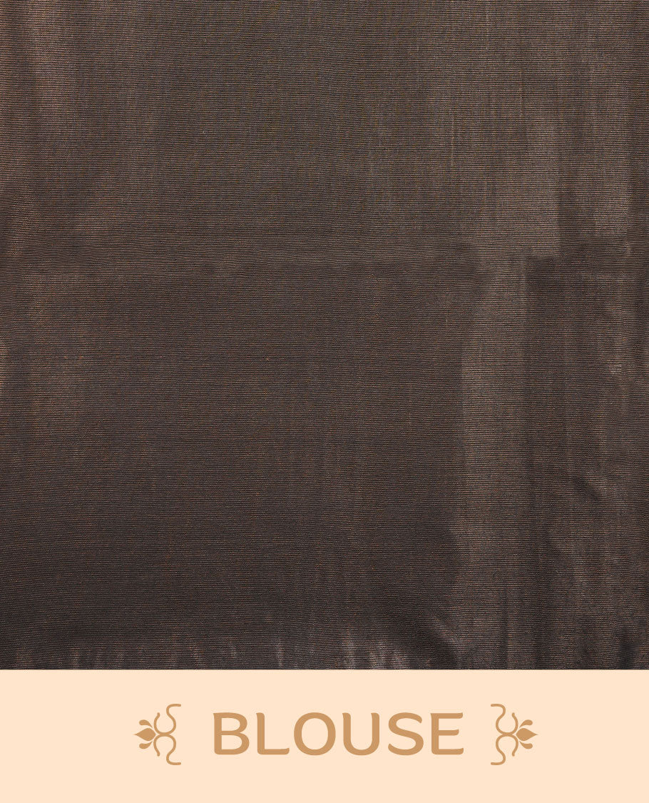 Black colour semi jute saree highlighting gold zari stripped body with white motifs, without border and paired with matching blouse.