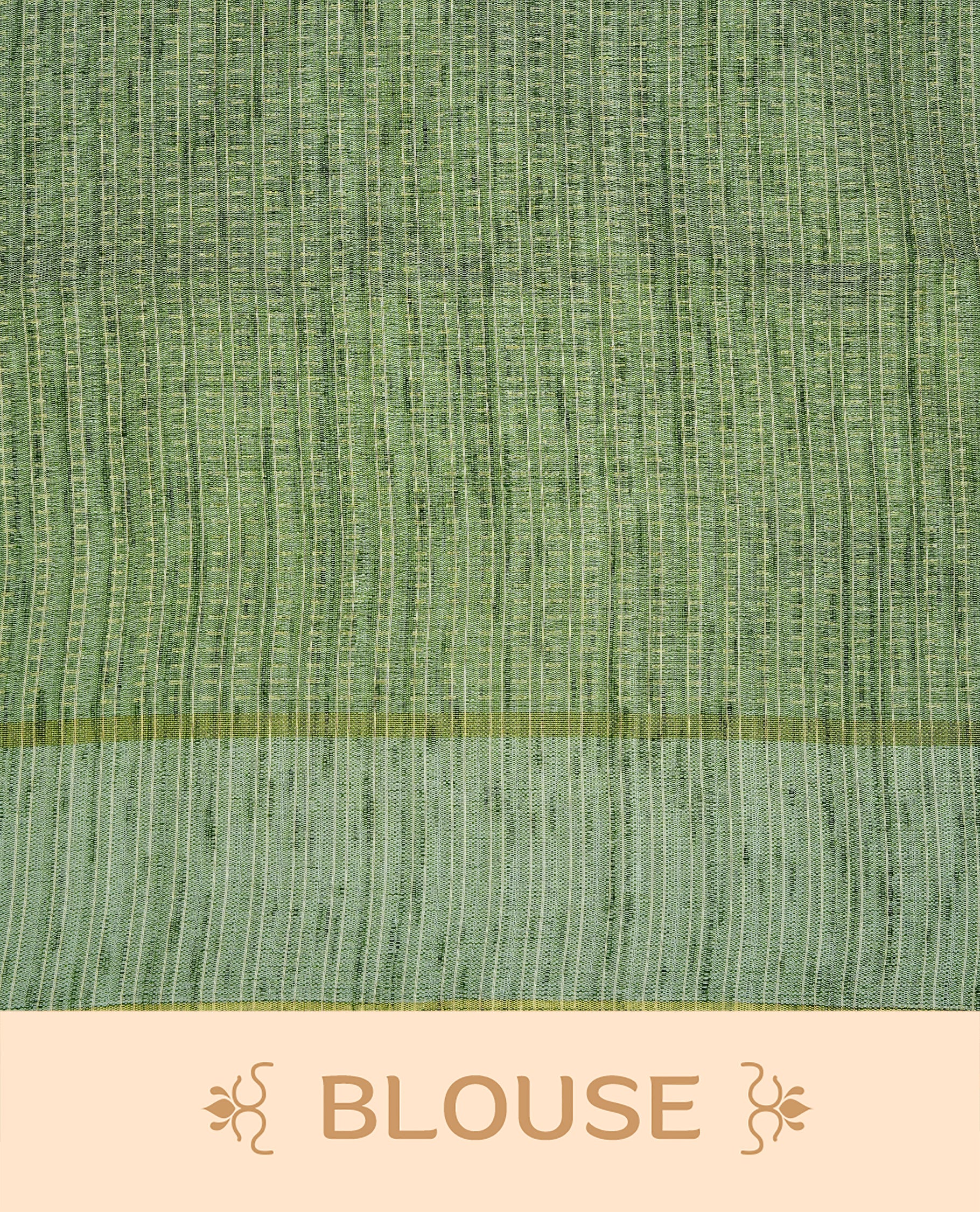 Light jade colour semi tussar silk saree featuring elegant gold zari dotted stripes across the body, enhanced with a rich zari woven border. Comes with a matching blouse piece.