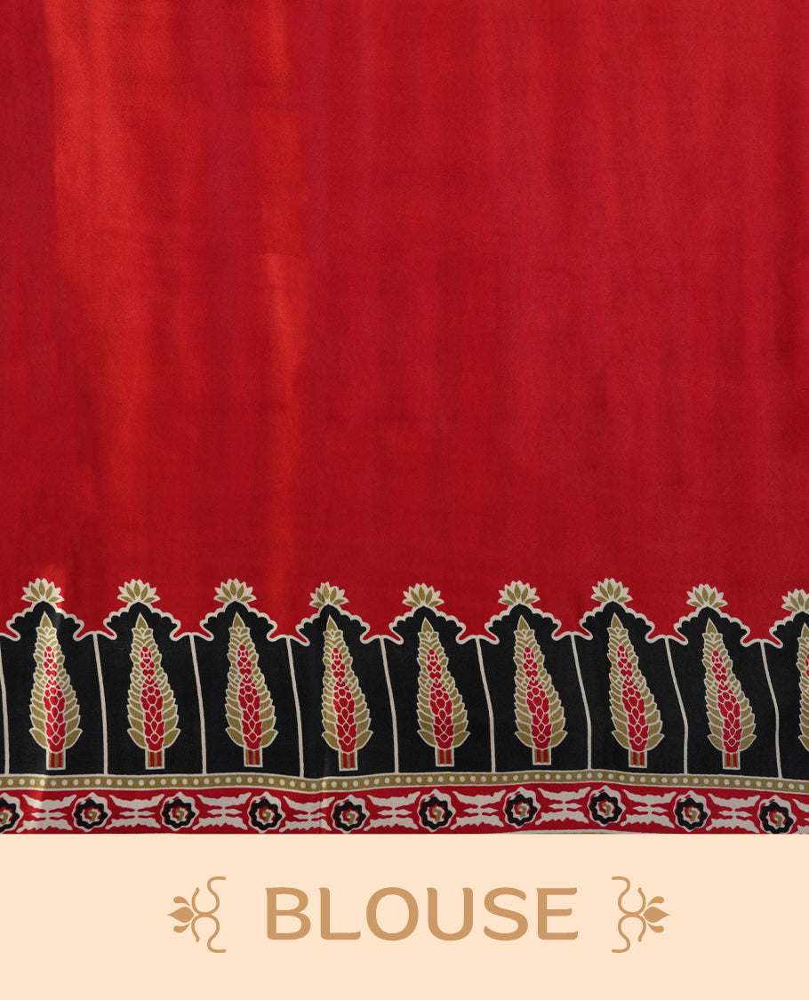 Beige colour saree with olive green stripes, highlighted by a striking red geometric border and a beautifully patterned pallu with intricate motifs, comes with a matching blouse.