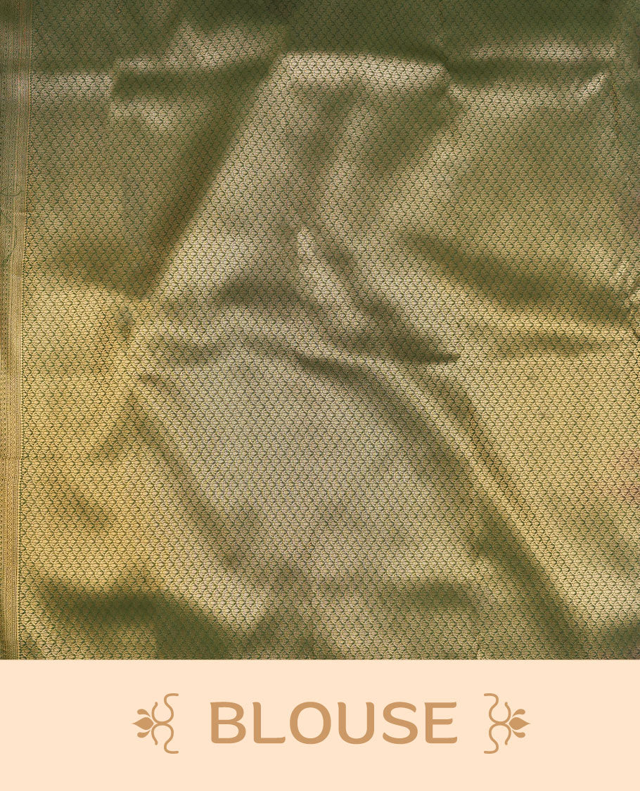 Magenta colour semi silk brocade saree featuring intricate Gold Diamond patterns across the body, complemented by a contrast Green colour woven border and pallu, paired with a matching blouse.
