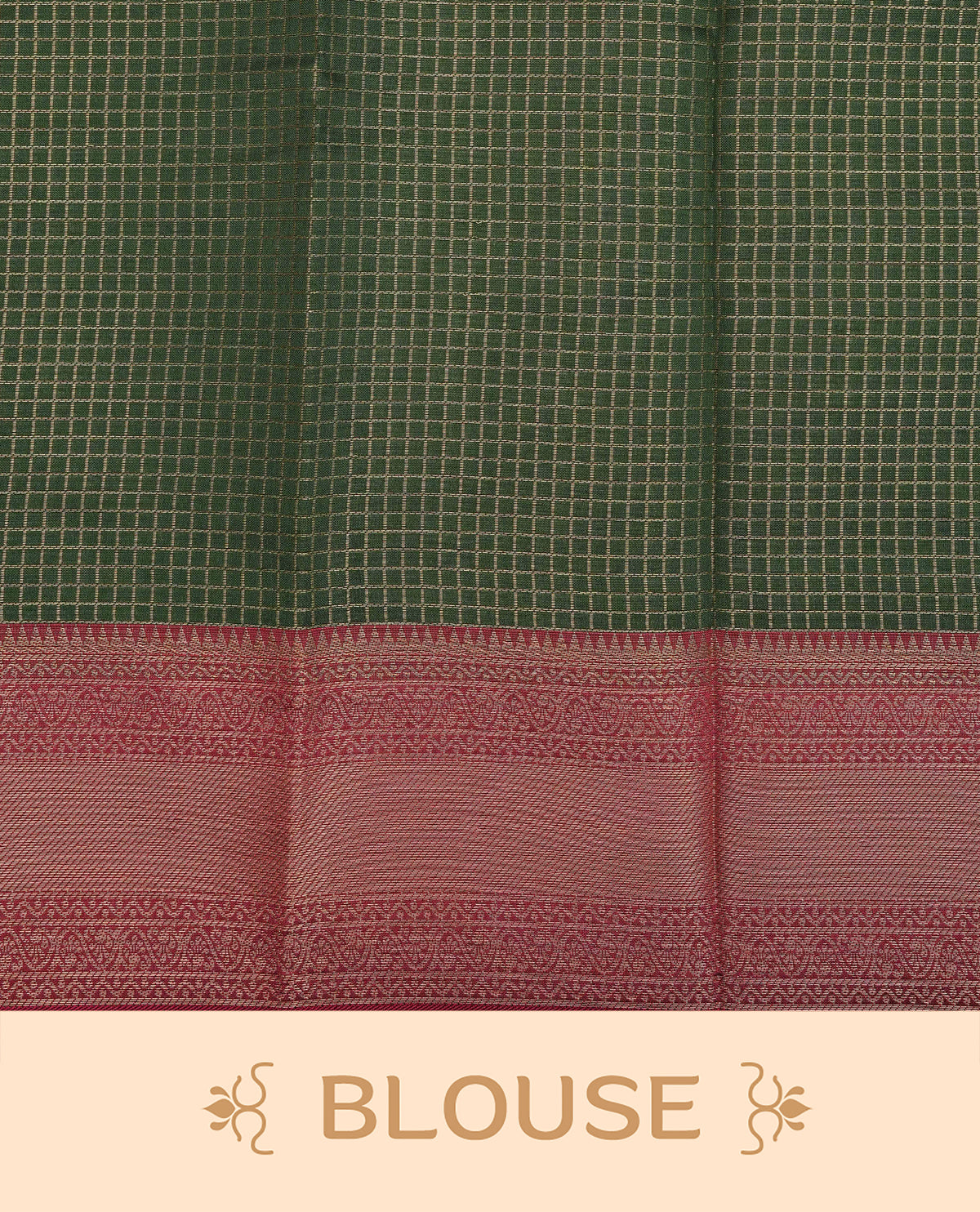 Forest green colour semi silk saree featuring gold zari check patterns on body, contrast maroon colour with traditional border on body, grand pallu comes with matching blouse piece