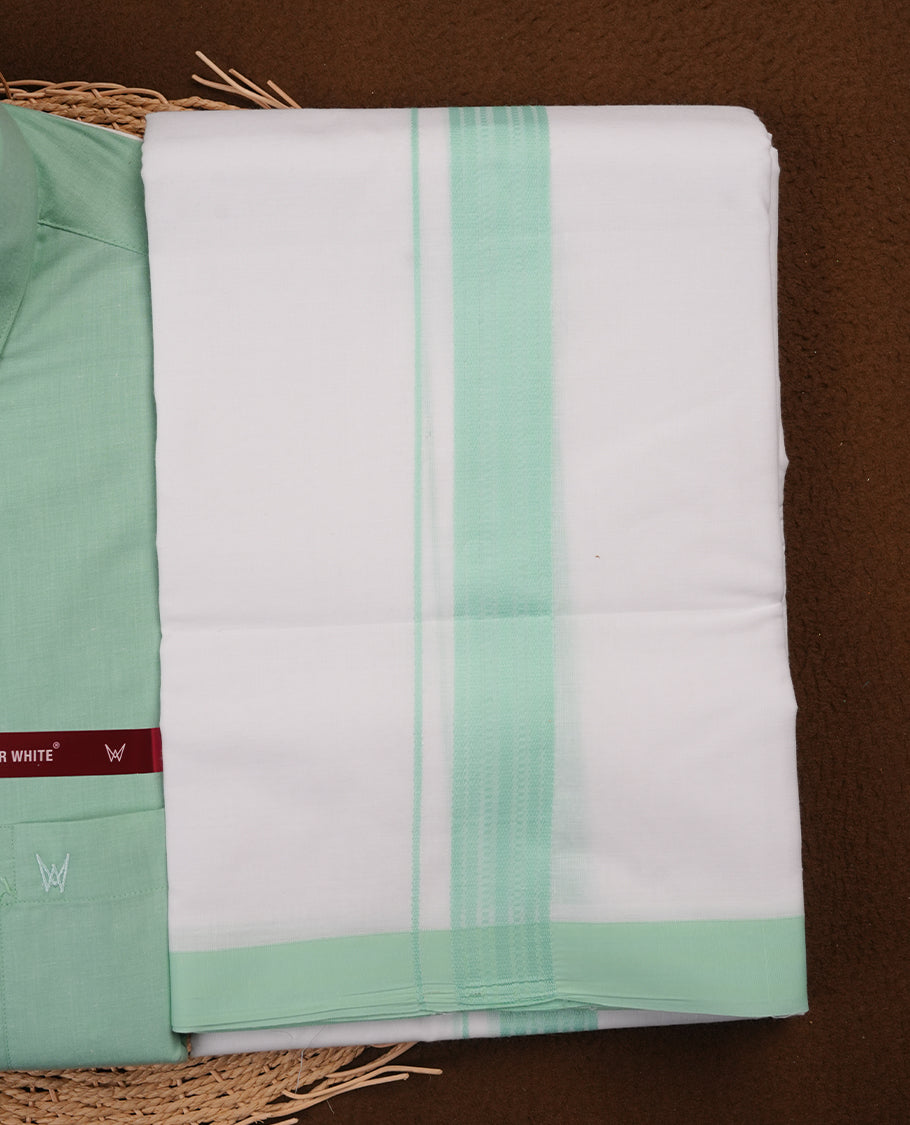 Pastel green Colour MINISTER WHITE shirt paired with a matching dhoti, finished with a Pastel green colour border.