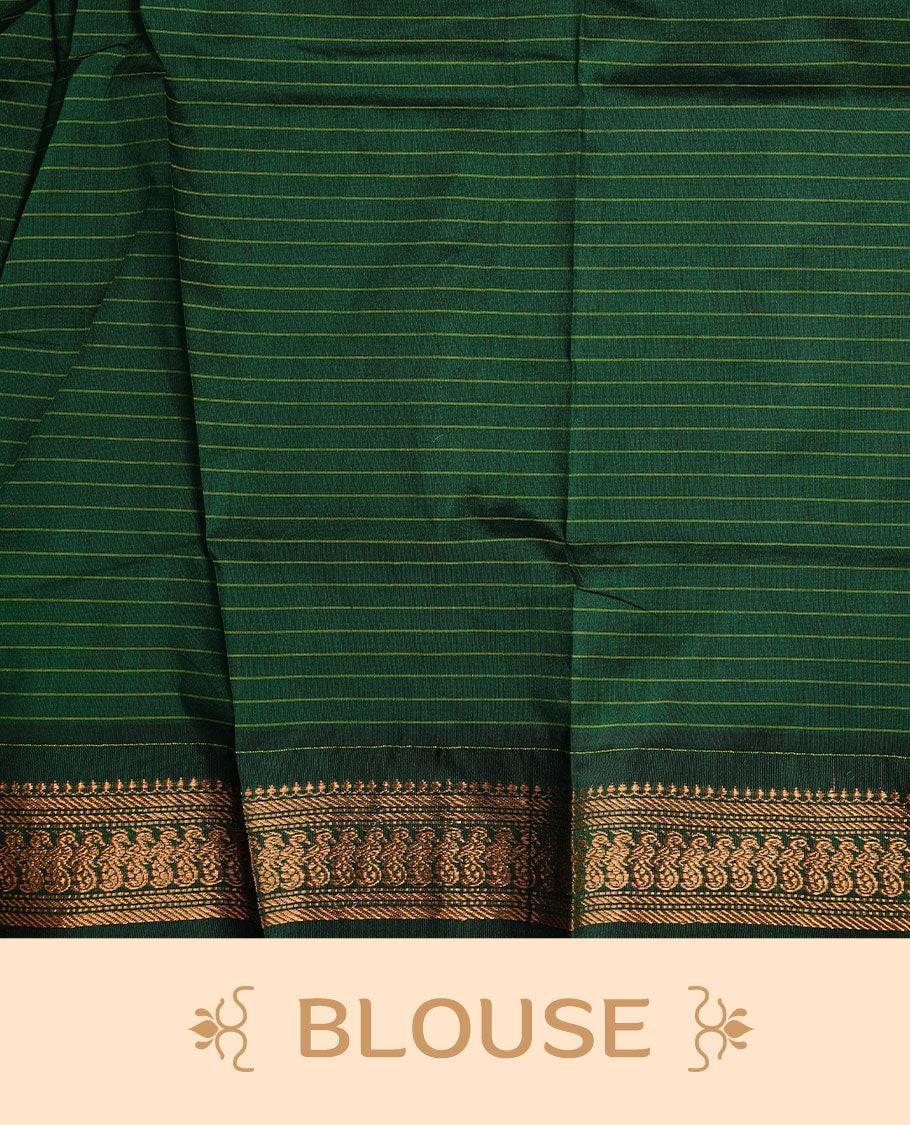 Mustard colour kalyani cotton saree featuring gold zari check pattern on body, complemented by green colour with Antique zari border, paired with matching blouse piece.