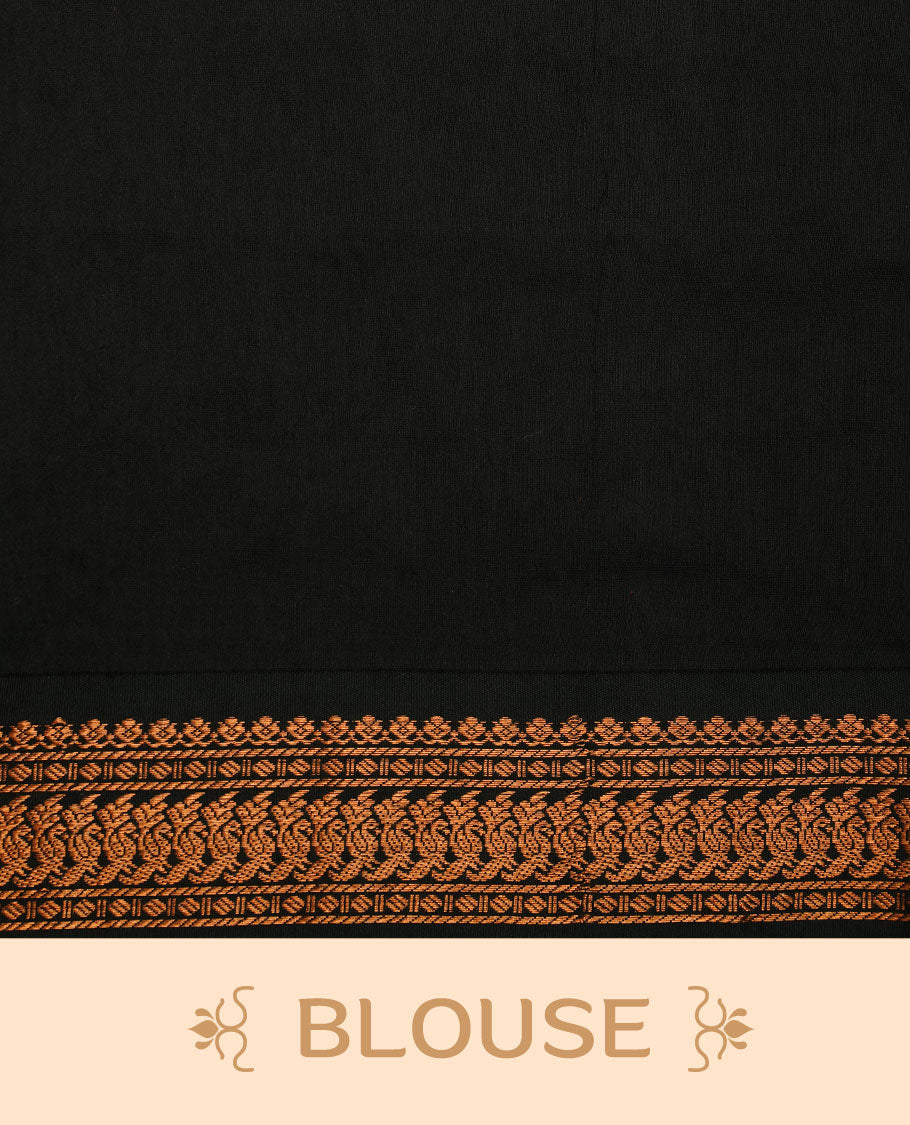 Mustard colour kalyani cotton saree featuring Elegant plain body, complemented by Black colour with Antique zari border, paired with matching blouse piece.