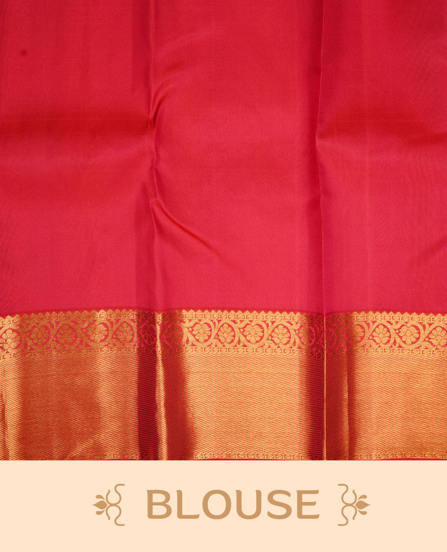 Rani pink colour kancheepuram silk saree featuring gold zari pattern across body, complemented by selfcolour border traditional zari border, paired with matching blouse piece.
