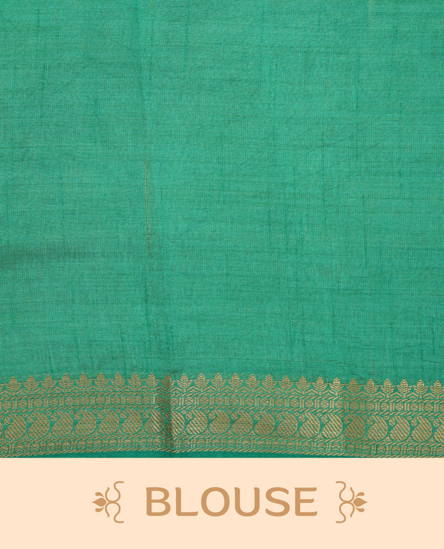 Cream colour semi tussar saree featuring elegant plain body, contrast Green colour gold zari border and comes with matching blouse piece.