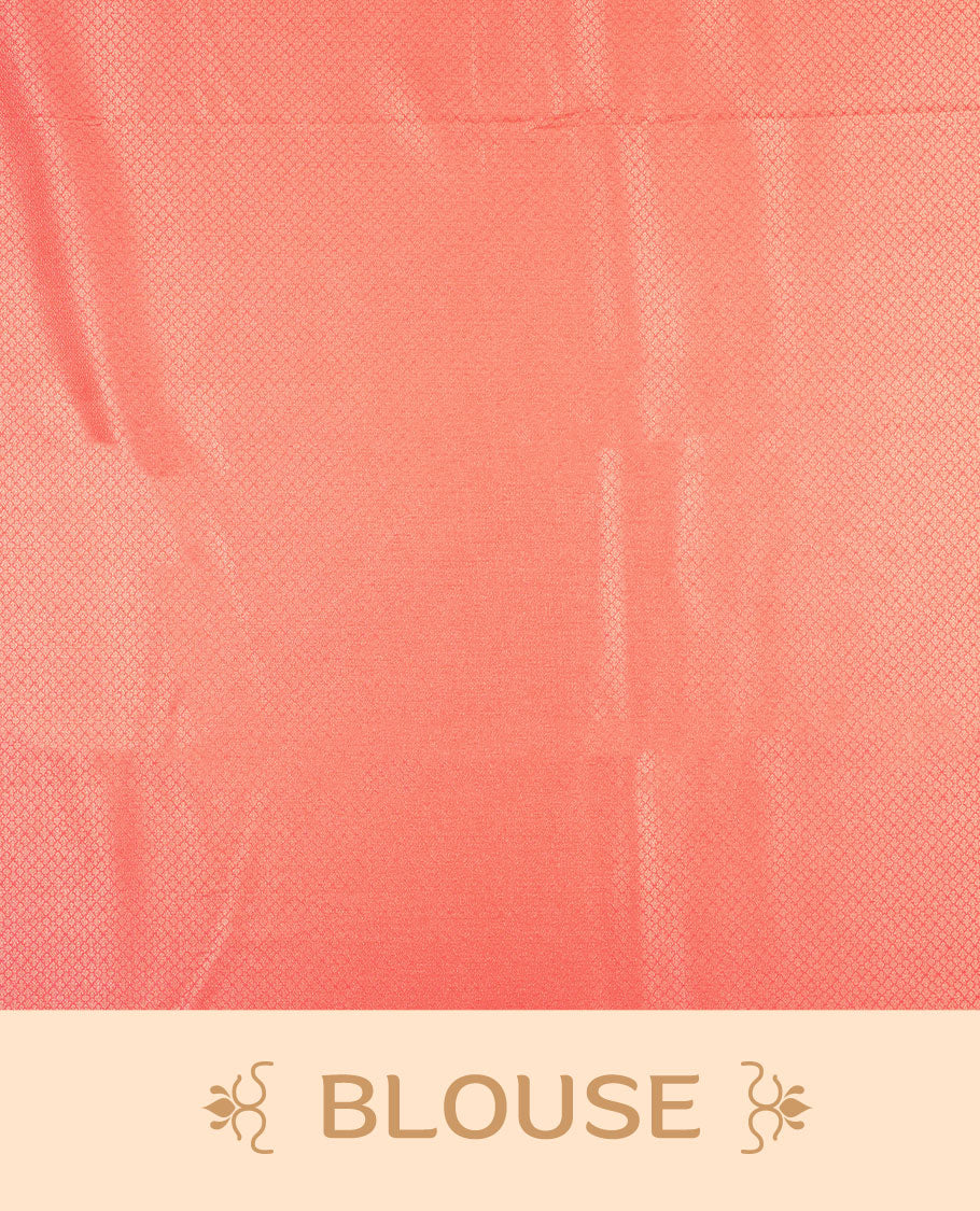 Pink colour semi silk brocade saree featuring intricate Gold Floral kodi patterns across the body, complemented by a self colour woven border and pallu, paired with a matching blouse.