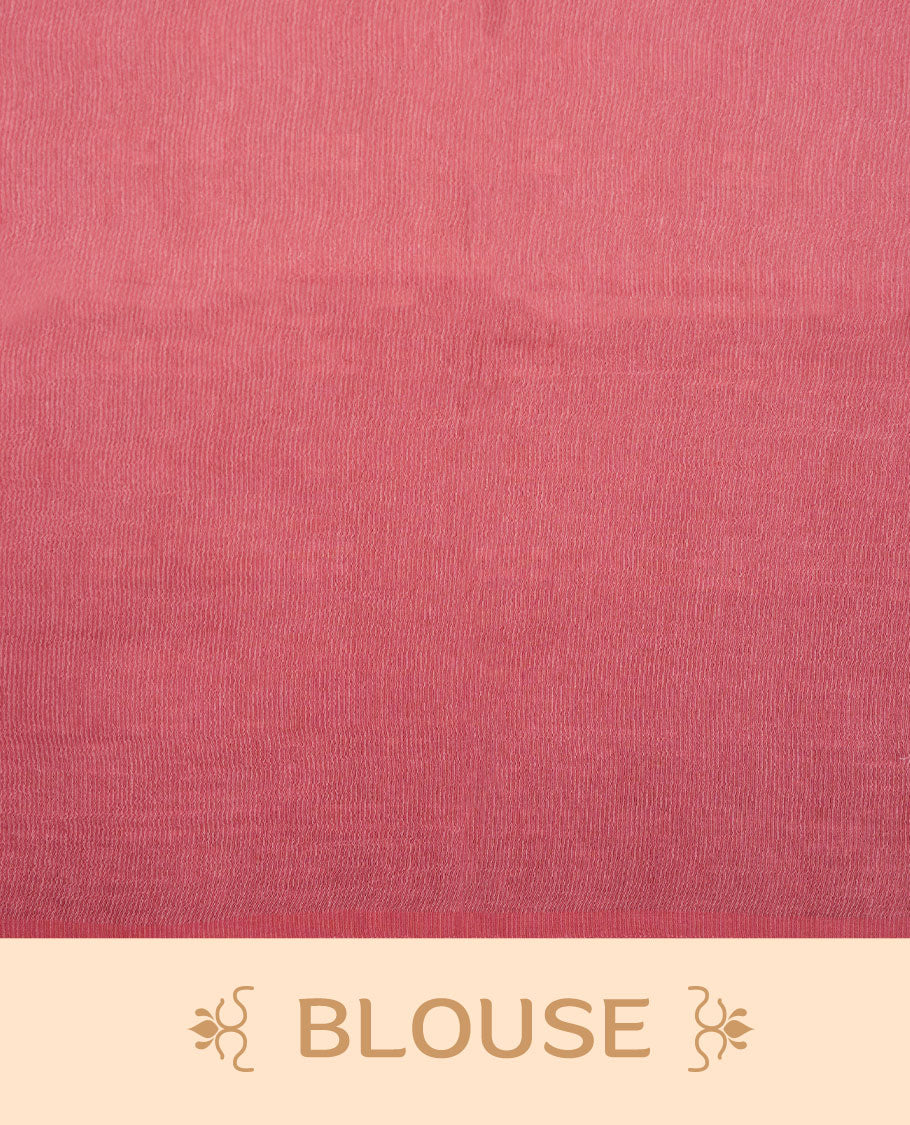 Brick red colour semi jute saree highlighting white thread motifs on body, without border and paired with matching blouse.