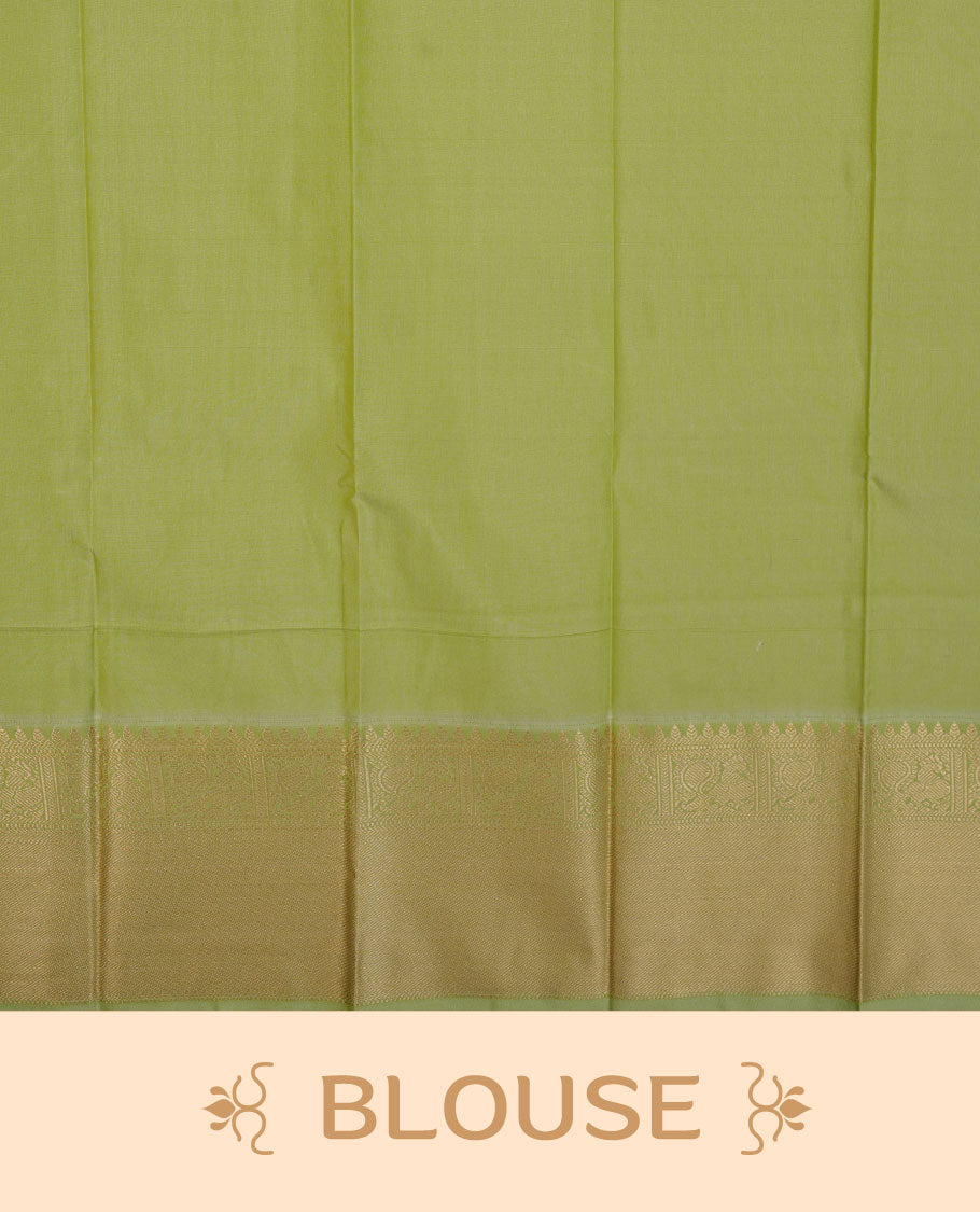 Beige colour semi silk saree highlighting gold zari check pattern and motifs across body, featuring contrast pastel green colour border with gold zari pattern, comes with matching blouse .
