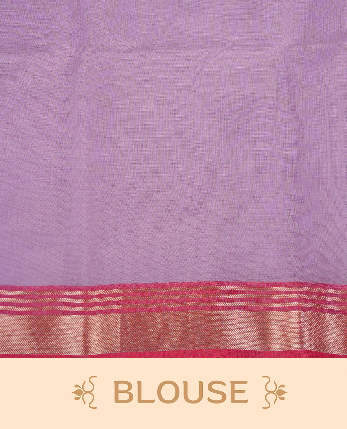 Lavender colour Maheshwari cotton saree, gold zari floral motifs on body, complement light pink colour gold zari border comes with matching blouse.