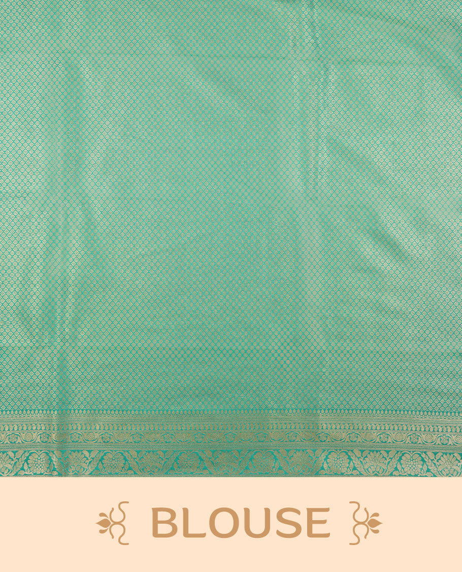 Aqua Blue colour semi silk brocade saree featuring intricate Gold Square patterns across the body, complemented by a Self colour woven border and pallu, paired with a matching blouse.