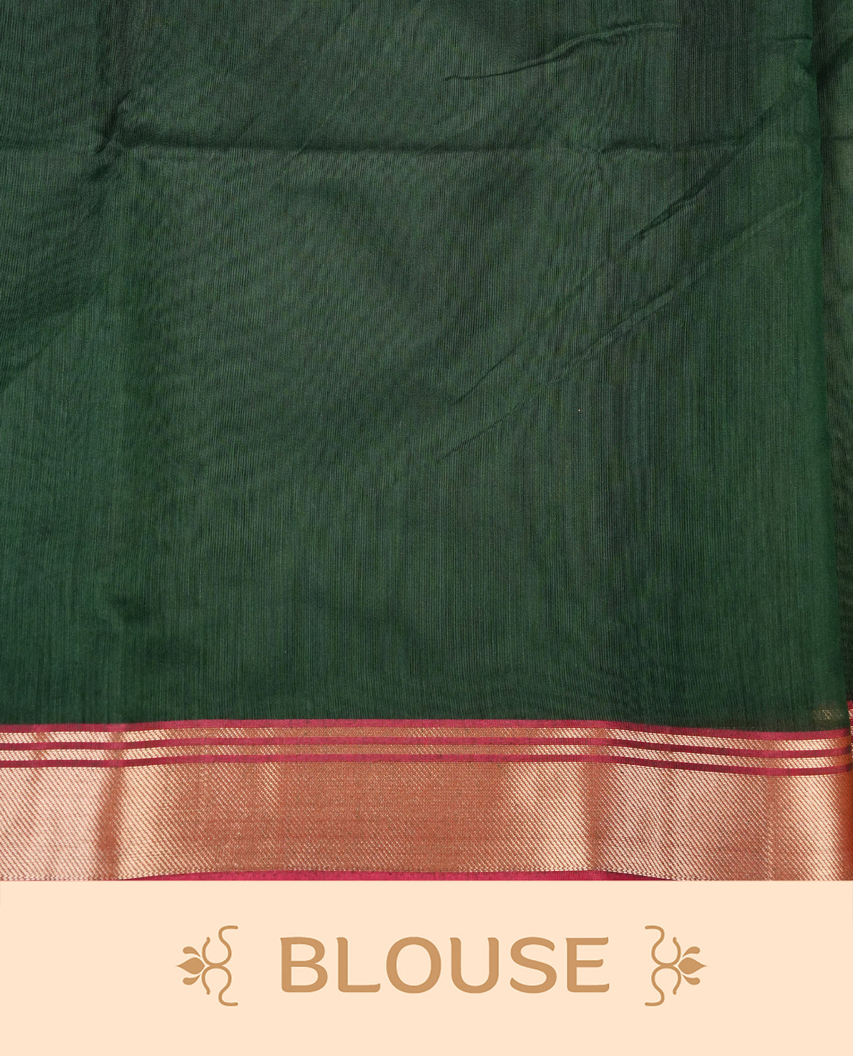 Dark green colour Maheshwari cotton saree, gold zari floral motifs on body, complement pink colour gold zari border comes with matching blouse.