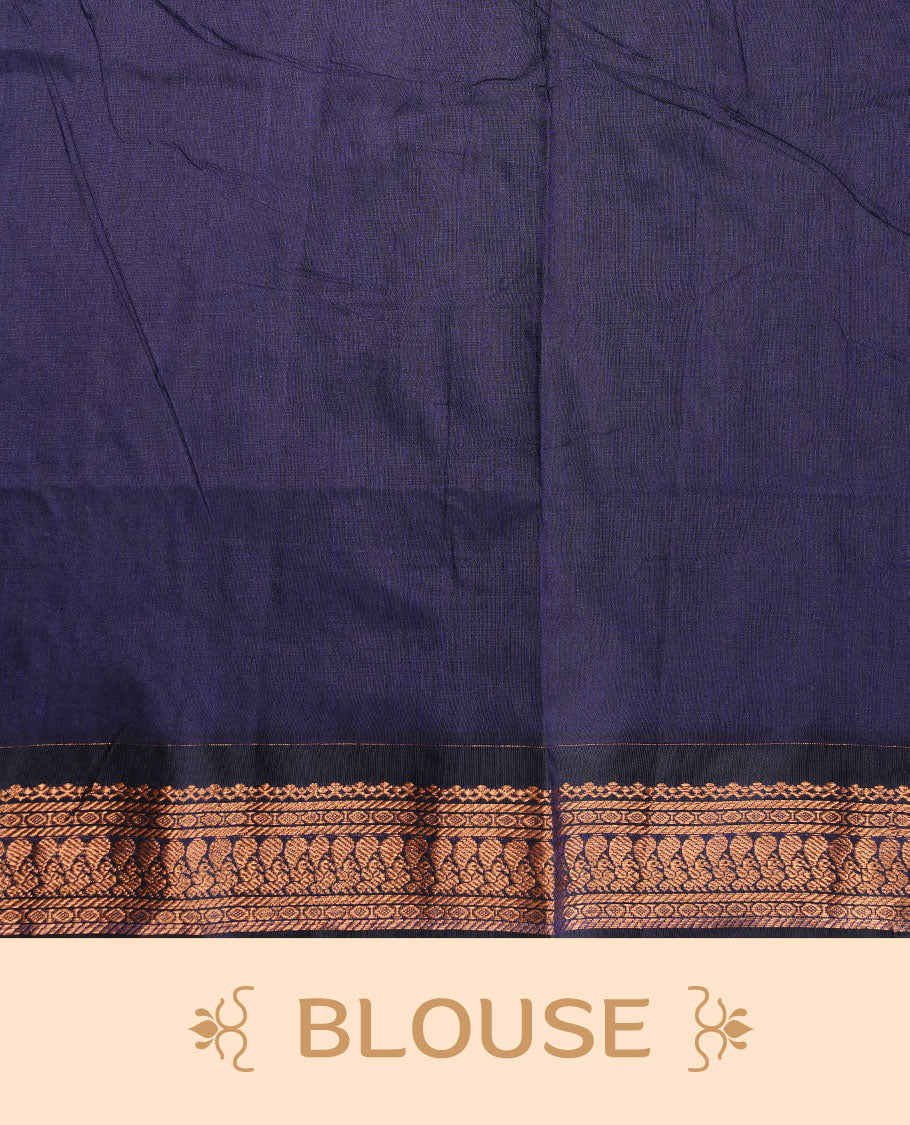 Olive colour kalyani cotton saree featuring antique zari motifs on body, complemented by Dark blue colour with Antique zari border, paired with matching blouse piece.