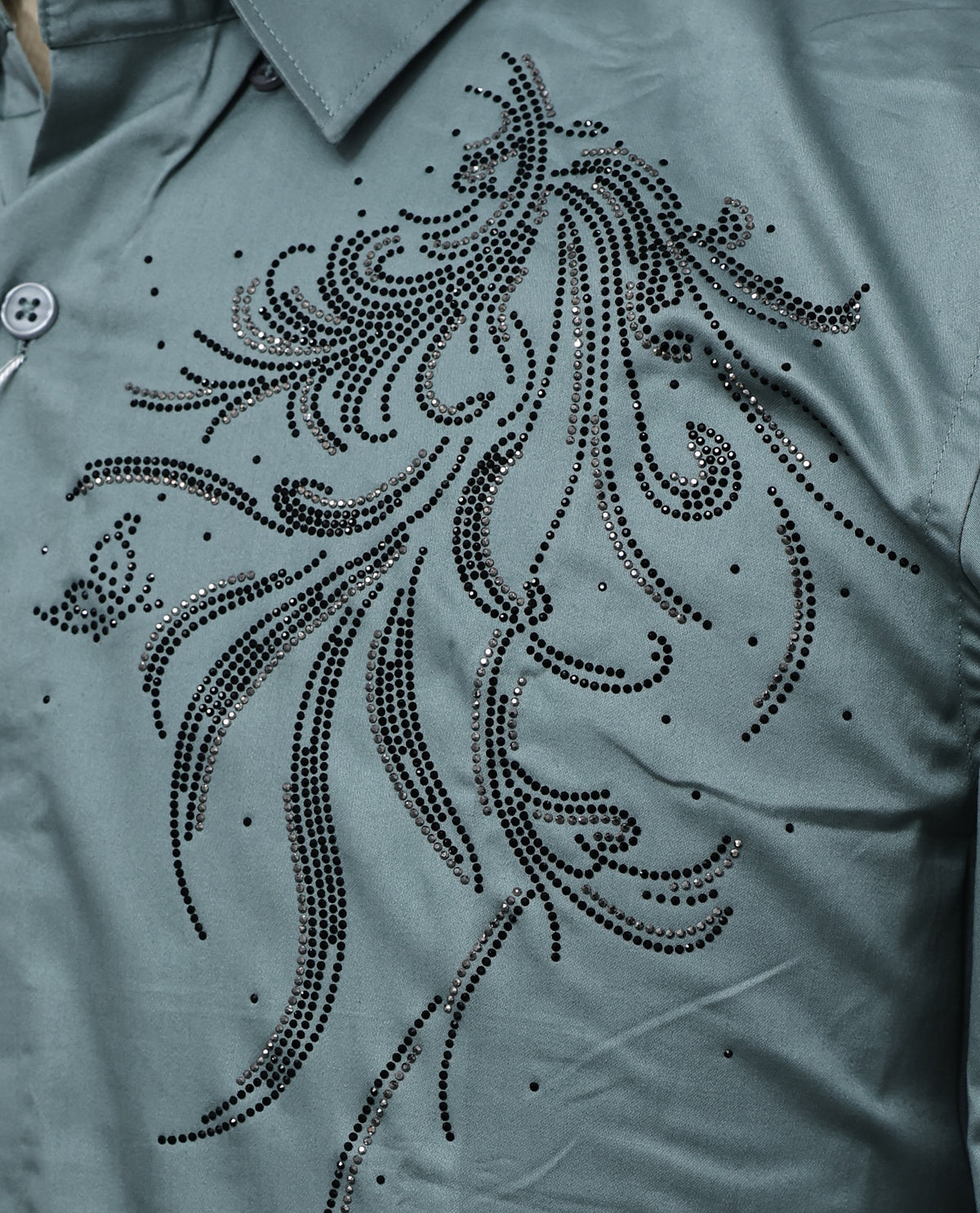 Steel colour shirt with Stone work on Shoulder portion, Full sleeve.