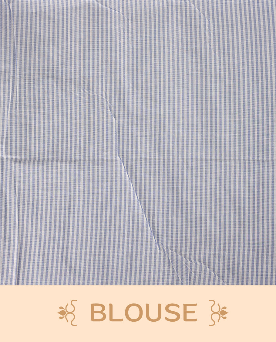 White and light blue colour striped cotton saree featuring a sleek, borderless design for a modern look, paired perfectly with a matching blouse for effortless style.