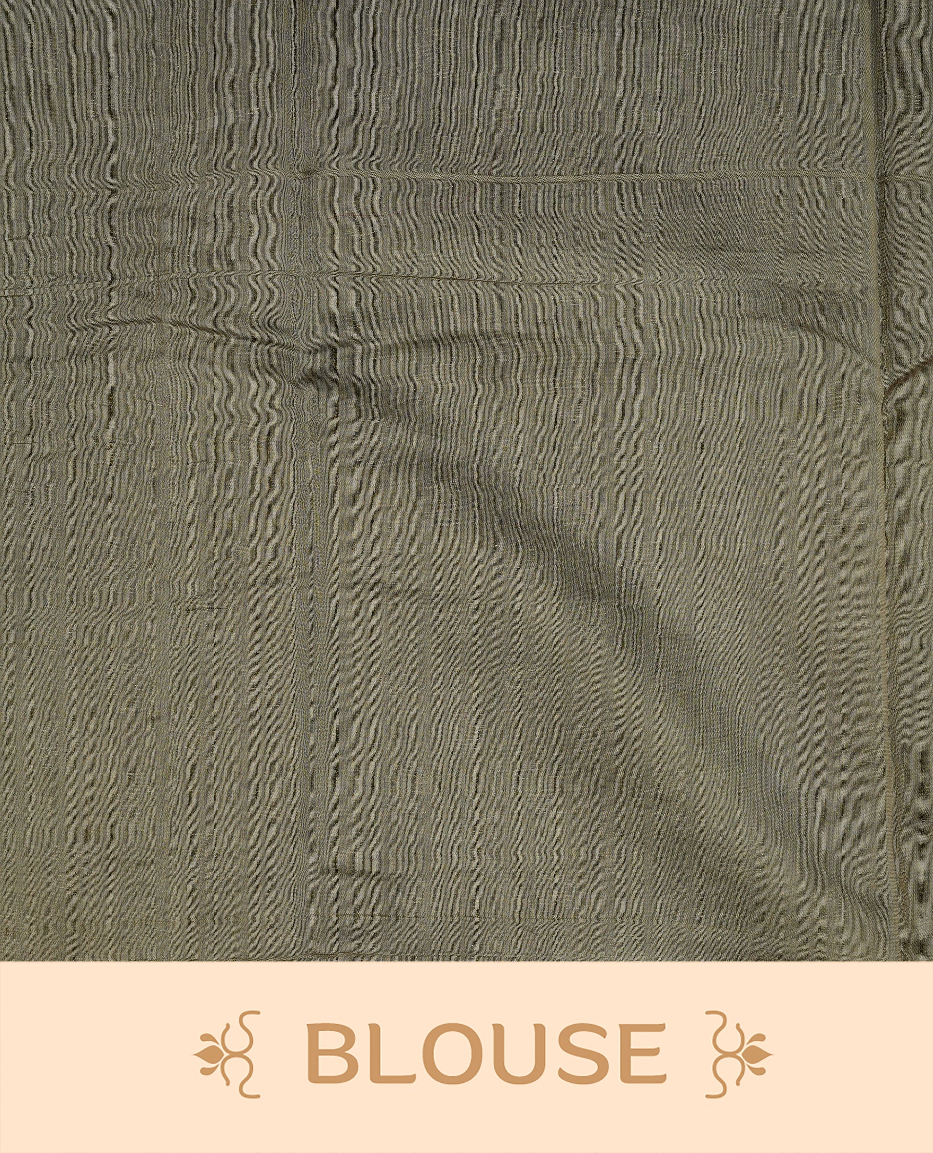 Olive colour semi tussar silk saree featuring elegant Antique zari motifs across the body, designed with a subtle borderless zari finish for a sophisticated traditional look. Paired with a matching blouse piece.