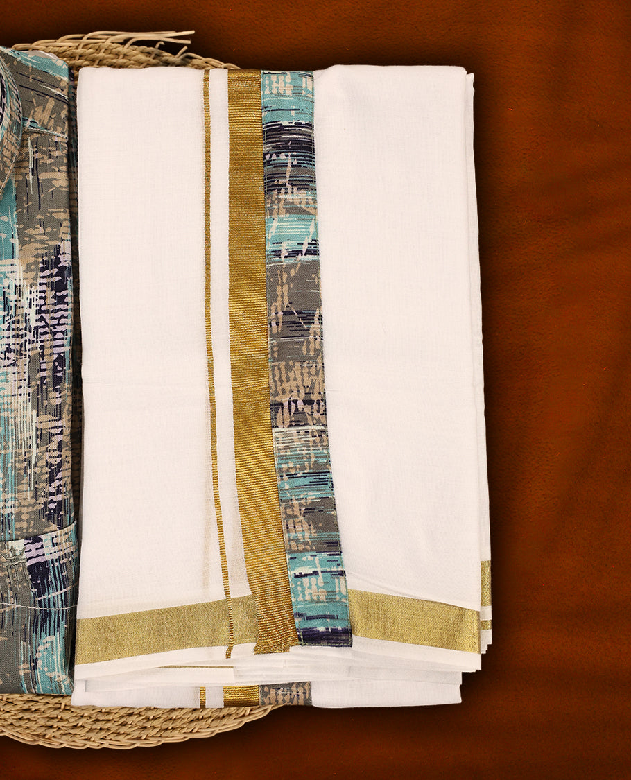 Multicolour abstract patterned MCR full sleeve shirt in shades of teal, grey, and navy, paired with a classic white dhoti featuring a rich golden zari kara and a matching multicolour printed border.