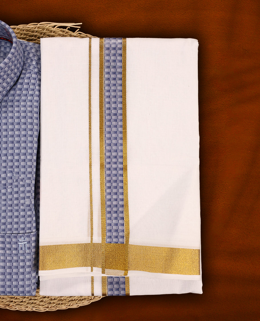 Steel blue colour MCR full sleeve shirt featuring textured self woven patterns, paired with a white dhoti accentuated by a golden zari kara and a matching steel blue patterned border.