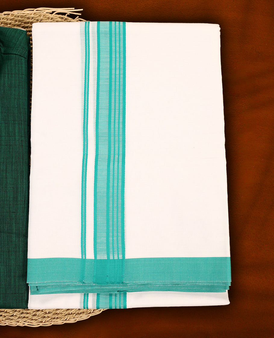 RAMRAJ Dark green kurtha paired with a white dhoti, elegantly finished with a matching dark green border.