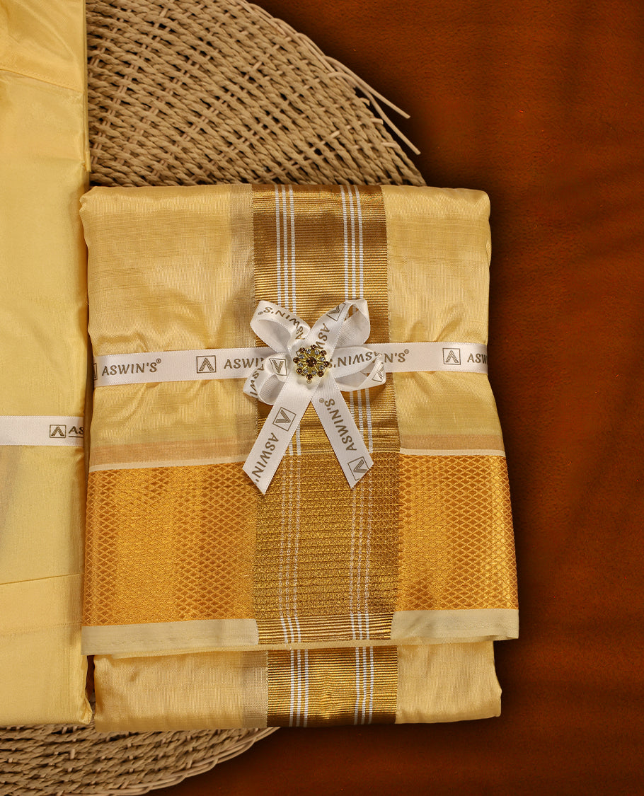 Sandal colour Aswin’s wedding set featuring a luxurious silk shirt, matching dhoti with elegant golden zari weave, paired with a towel and fragrance, crafted for weddings and festive grandeur.