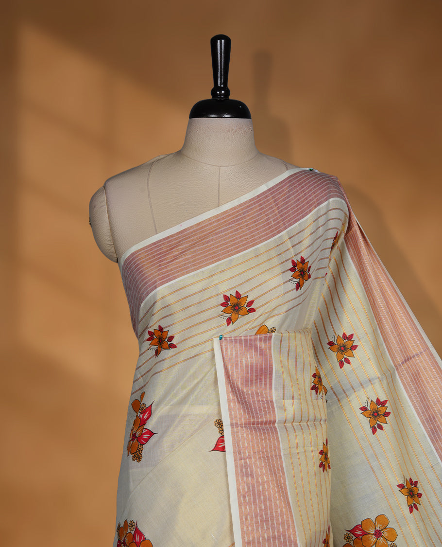 Light gold colour Tissue Kerala saree featuring a Plain body, an intricately woven gold and orange traditional border with floral print and stripes on pallu, paired with a matching blouse.