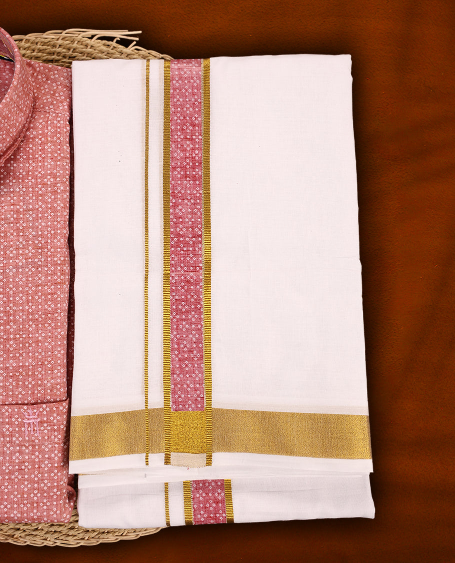 Dusty Rose colour MCR full sleeve shirt featuring a subtle dotted print, paired with a classic white dhoti highlighted with a golden zari kara and a matching dusty rose printed border.