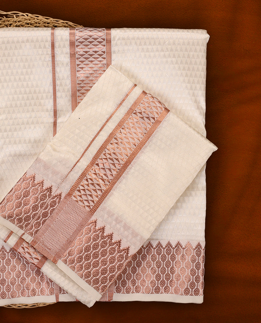 White copper MINISTER WHITE textured shirt with a subtle finish, paired with a matching dhoti highlighted by an elegant rose gold zari border and intricate woven patterns, perfect for a stylish festive look.