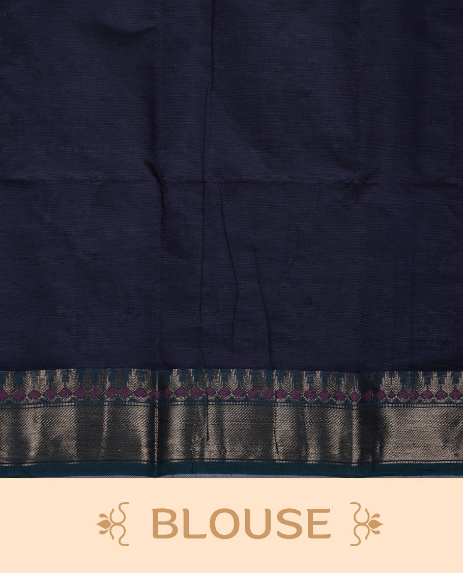 Dark Blue colour chettinad cotton saree featuring Elegant plain body, contrast green colour border with gold zari border, pallu and paired with matching blouse.