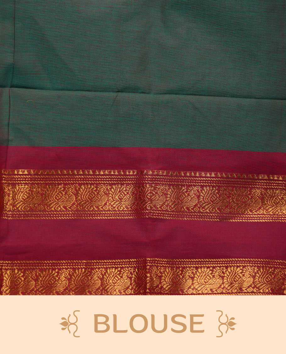 Dark Green colour chettinad cotton saree featuring Elegant plain body, contrast Red colour border with gold zari border, pallu and paired with matching blouse.
