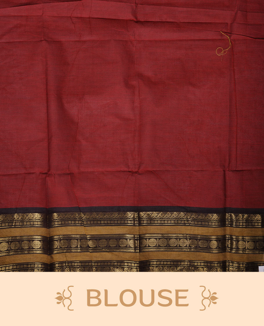 Maroon colour chettinad cotton saree featuring plain body, contrast chocolate brown and mustard colour with traditional gold zari border paired with matching blouse.