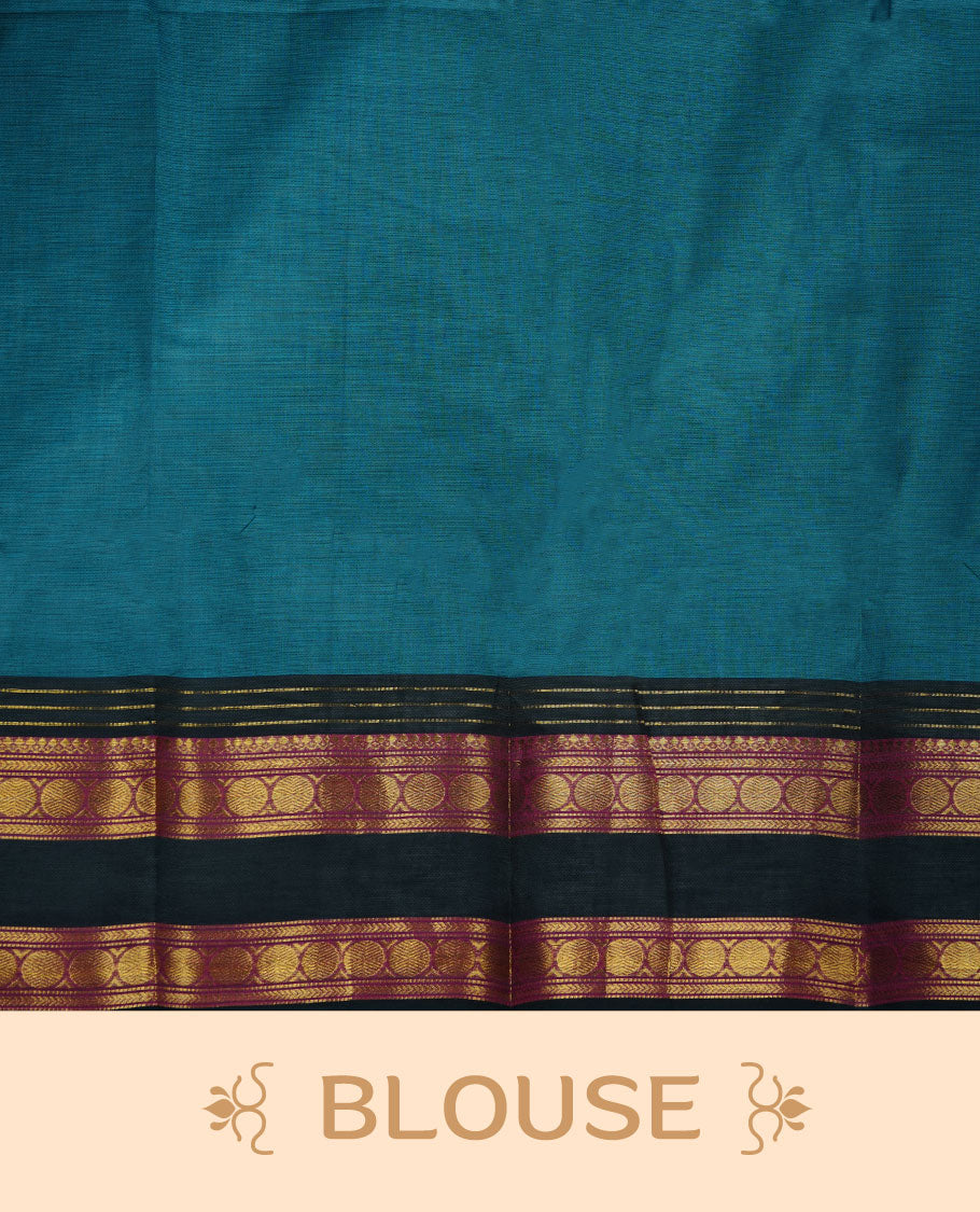Teal colour chettinad cotton saree featuring plain body, contrast black and red colour with traditional gold zari border paired with matching blouse.