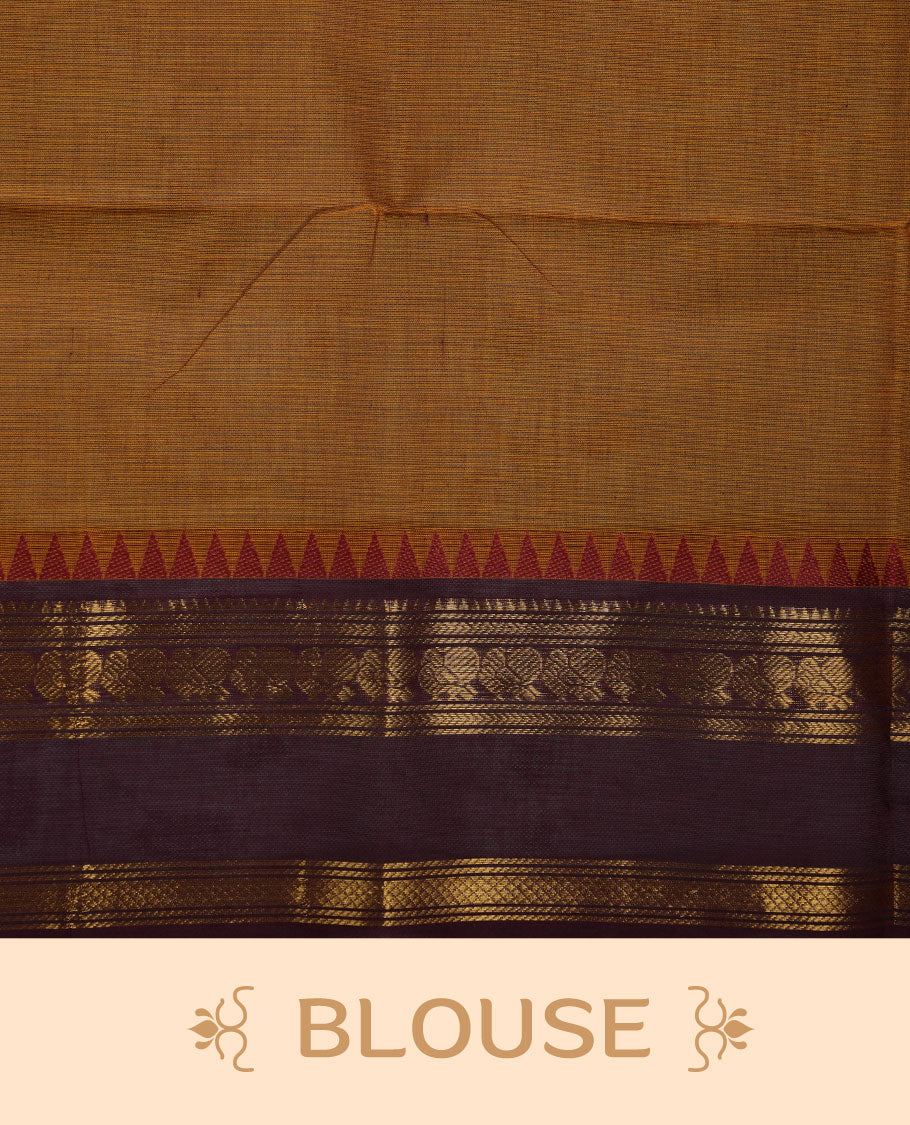 Mustard colour chettinad cotton saree featuring Purple colour motifs on body, contrast maroon colour border with gold zari temple border, pallu and paired with matching blouse