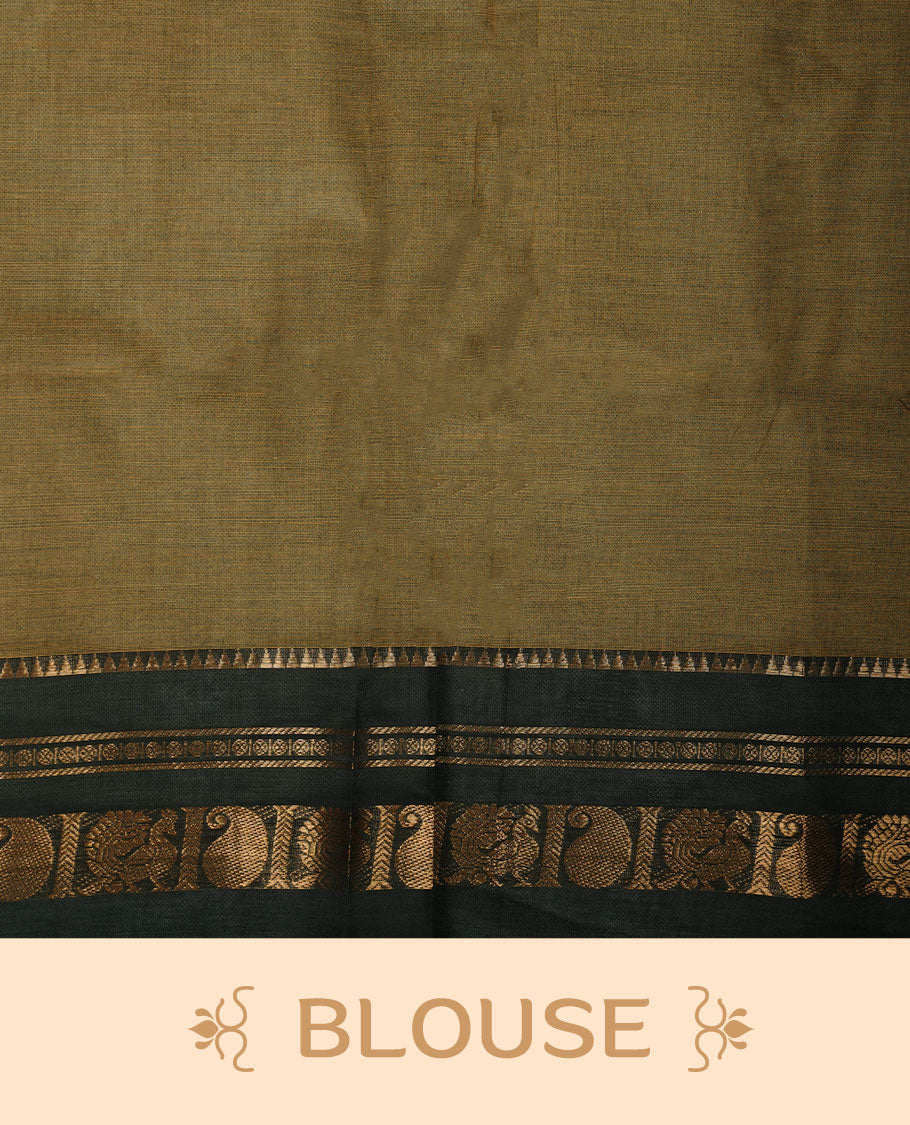 Mehandi colour chettinad cotton saree featuring plain body, contrast black colour with traditional gold zari border paired with matching blouse.