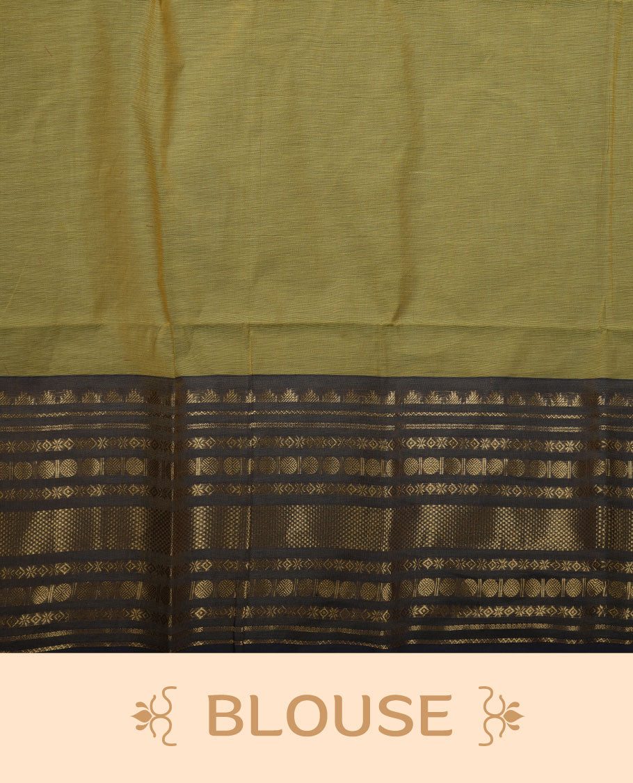 Olive colour chettinad cotton saree featuring Purple colour motifs on body, contrast purple colour border with gold zari border, pallu and paired with matching blouse.